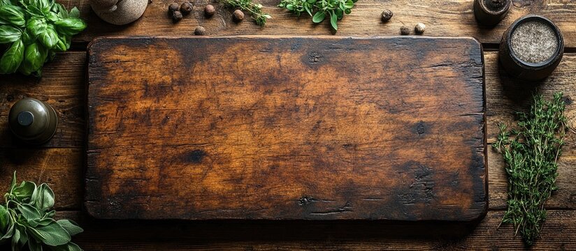 Rustic butcher block cutting board surrounded by herbs and spices on a wooden countertop background for culinary and kitchen-themed imagery