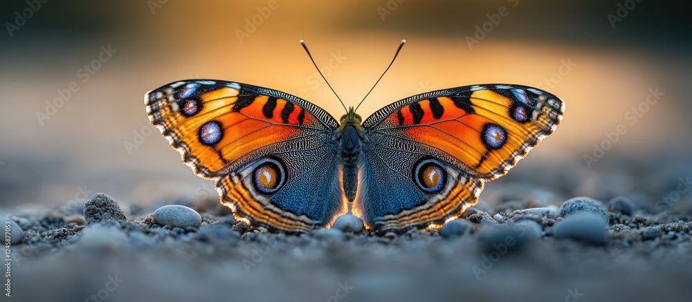 Poster vibrant close-up of a beautiful butterfly resting on the ground showcasing its intricate patterns an