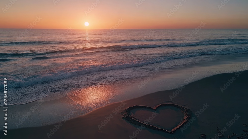 Poster A serene sunset beach scene with a heart-shaped sand design in the foreground, calm waves and a soft sky adding to the tranquil atmosphere.