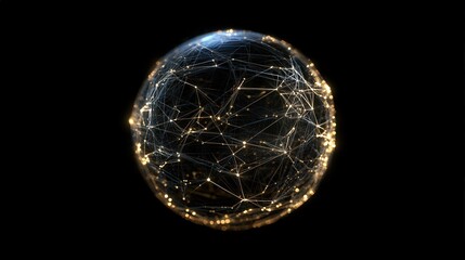 Global Network Sphere: Abstract digital rendering of a dark sphere enveloped by a glowing network of interconnected lines, symbolizing global connectivity and technological advancement.  