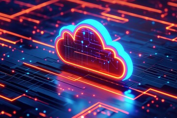 Abstract Cloud Computing Network, Digital Technology Background. Futuristic Server Data Center, Global Network Connection, Innovation, High-Tech, Binary Code, Data Stream, Circuit Board,              