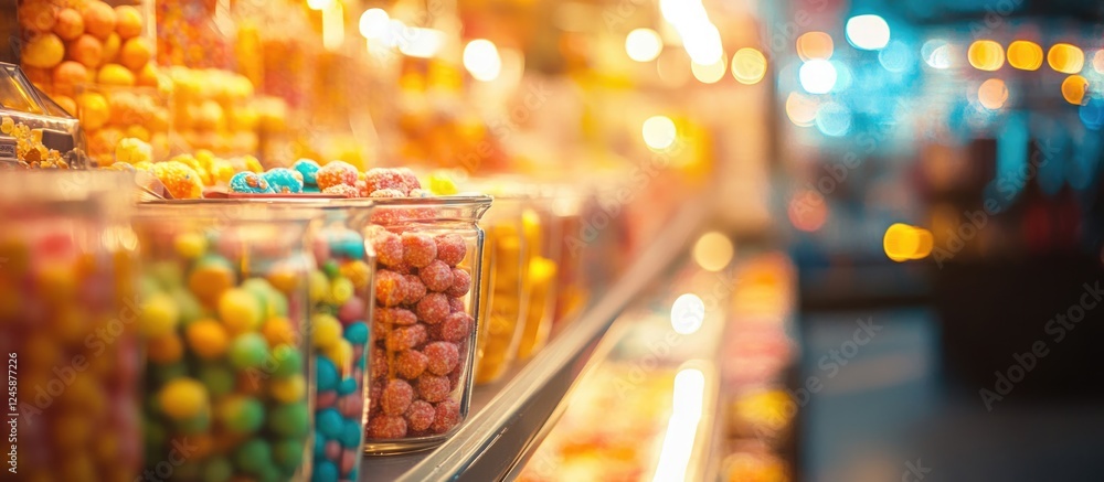 Poster colorful candy store display filled with sugary treats illuminated by warm lights creating a cozy at