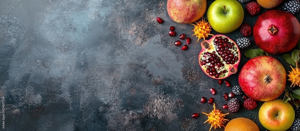 Poster autumn fruits arrangement featuring apples berries and pomegranate on dark background with space for