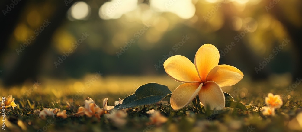 Poster beautiful yellow flower in a tranquil park setting with soft sunlight and ample copy space for perso