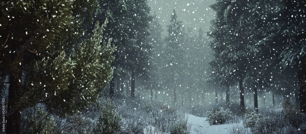 Poster snowy forest landscape with pine trees during winter snowfall and foggy atmosphere featuring ample c