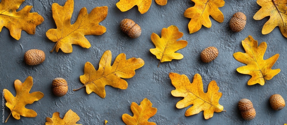 Aufkleber autumn leaves and acorns arranged on a gray background creating a flat lay composition with ample co