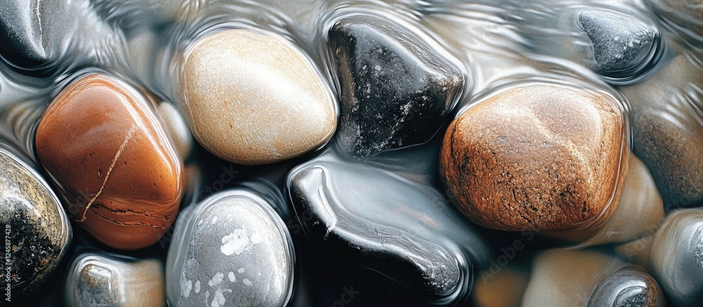Poster smooth pebbles submerged in clear water with ripples and reflections copy space