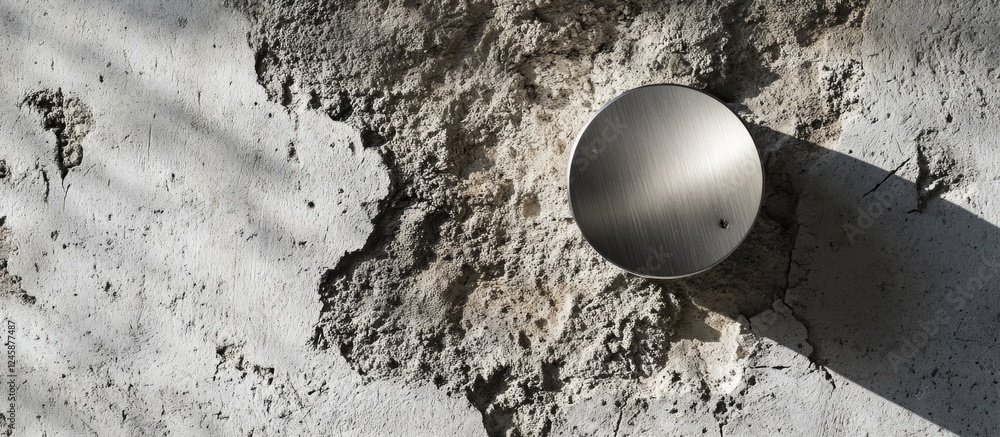 Poster aluminum plug embedded in a concrete wall showcasing texture and depth in a construction or architec