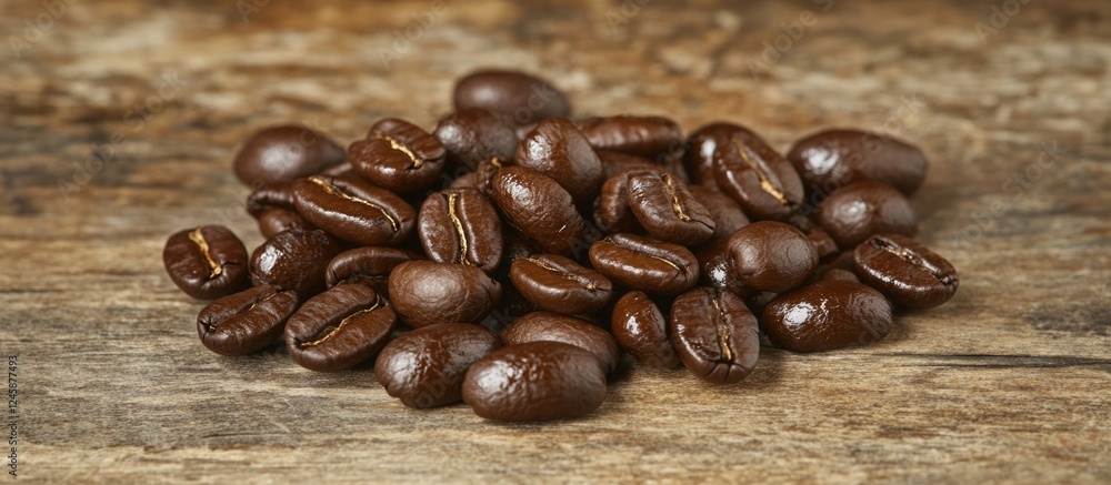 Poster coffee beans on a rustic wooden surface with copy space for text placement