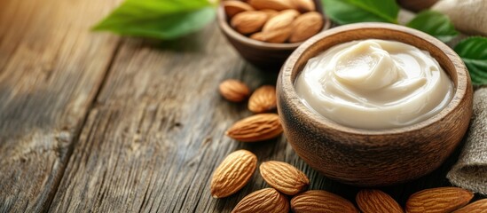 Almond cream for skincare displayed in wooden bowls with fresh almonds and green leaves on a rustic wooden table setting.