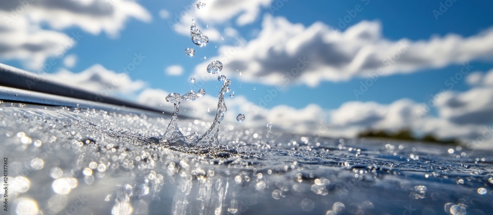 Poster water droplets splashing on reflective surface with blue sky and clouds in background copy space