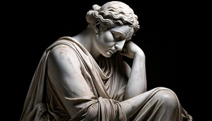 This is a black and white photograph or artwork of a classical sculpture showing a figure in a contemplative pose, with their head resting on their hand in a position suggesting deep thought.