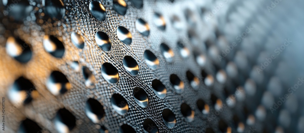 Poster detailed close-up of an abstract textured metal grid featuring perforated patterns and reflections i