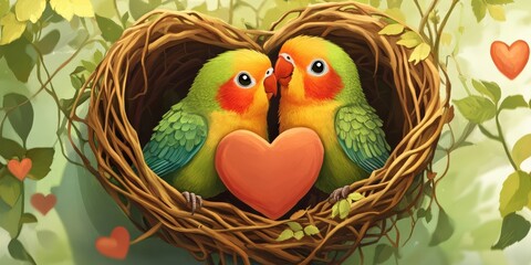 A cute cartoon-style pair of lovebirds sitting inside a hear...