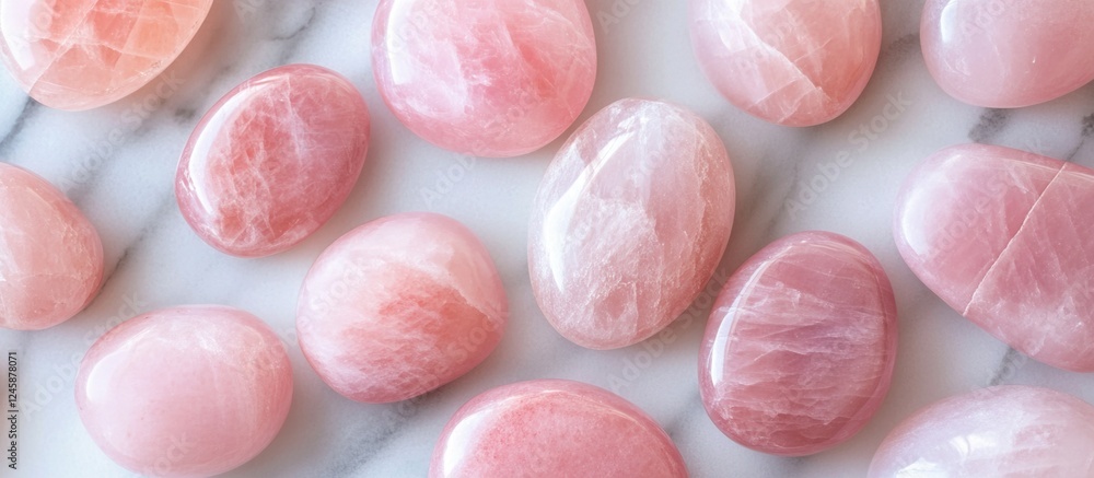 Poster rose quartz gemstones arranged on marble surface with natural variations and textures, ample copy sp