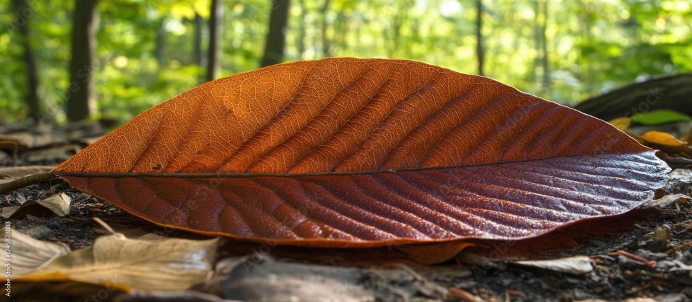 Poster large brown leaf on forest floor with blurred greenery in background and depth of field copy space