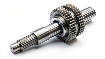 High precision gear box shaft with teeth isolated on white background, gearbox, engineering,  gearbox, engineering