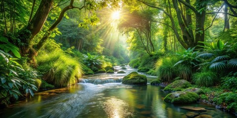 Stream surrounded by lush green plants with sunlight filtering through leaves and water rippling gently in the foreground, foliage, outdoor