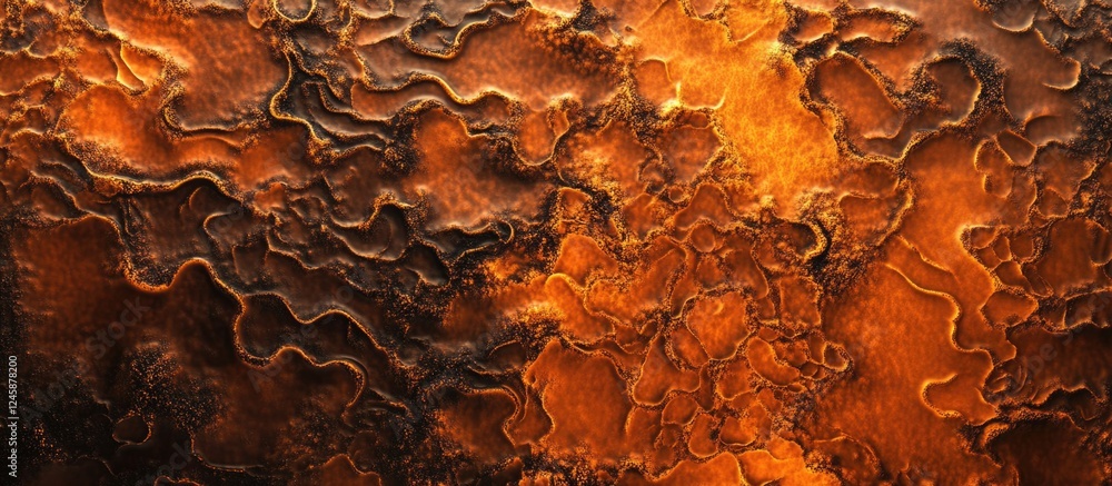 Poster abstract close-up texture of aged, rusty metal with intricate patterns and colors of orange and brow