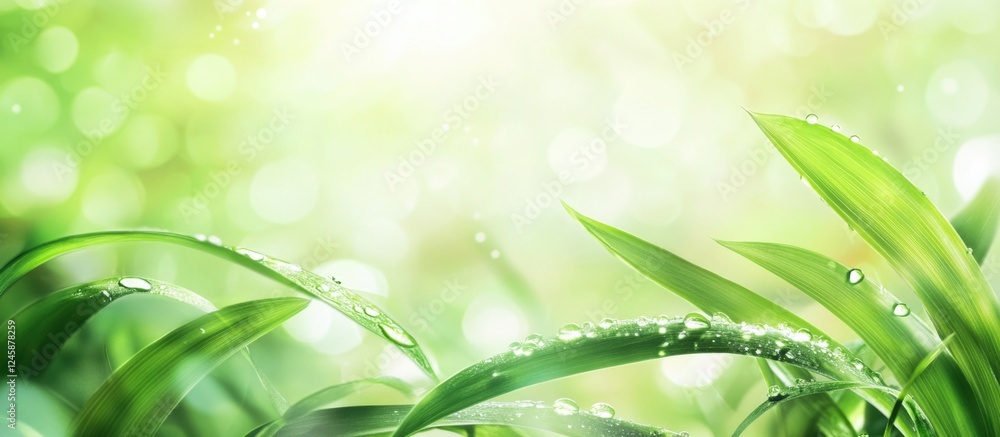 Aufkleber fresh green grass with dew drops in soft focus background with natural light and copy space for text