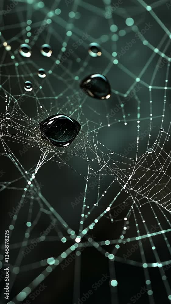 Poster close-up view of a spider web with raindrops resting on it in a dark, mystical setting