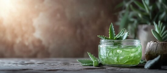 Aloe vera gel and leaves on rustic wooden table for natural skin care and wellness with soft lighting and copy space for branding