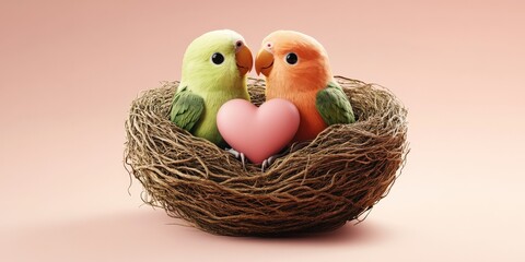 A cute cartoon-style pair of lovebirds sitting inside a hear...