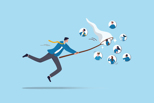 Finding new customers, clients or candidate for vacancy, marketing or hr human resources hiring new employees, leads generation or prospect concept, businessman with butterfly net catching customers.