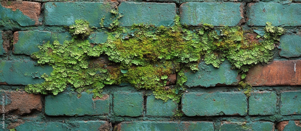 Poster moss-covered brick wall texture with weathered layers showcasing a grungy and rustic aesthetic ideal