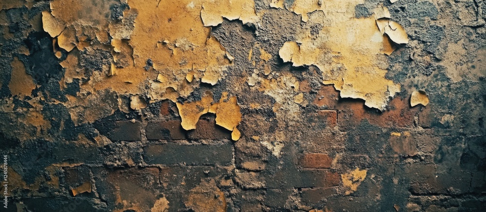 Aufkleber peeling paint on a weathered wall with exposed brick surface and textured layers in warm tones with 