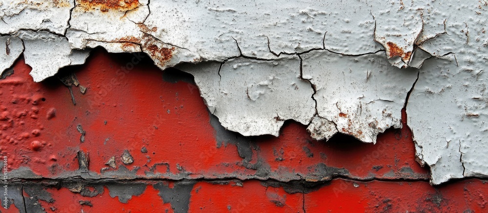 Aufkleber textured close-up of peeling paint on weathered red and gray wall surface with visible cracks and co