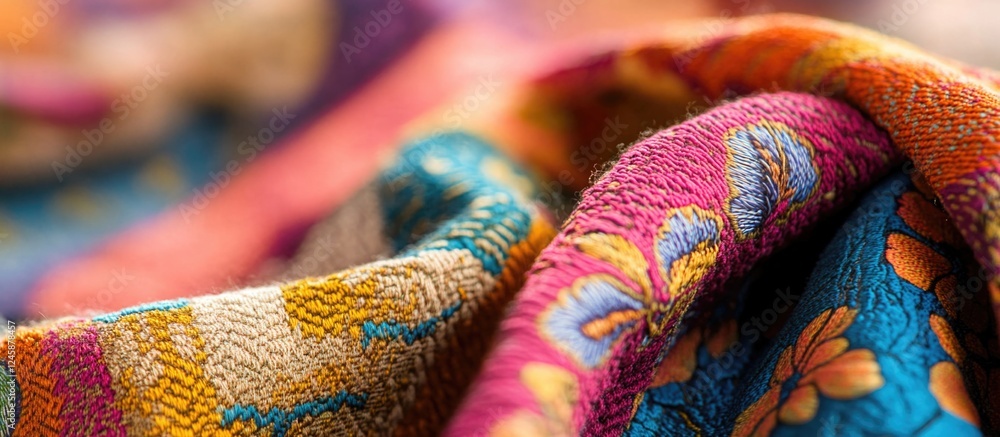 Poster colorful textile patterns with intricate designs and textures, close-up detail and soft folds, copy 