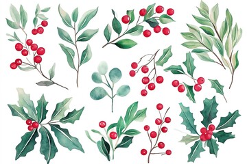 Festive Holly Berries and Green Leaves Clipart: Perfect for Christmas cards, winter designs, holiday decorations, festive illustrations, seasonal greetings, and more! Add a touch of winter magic to   