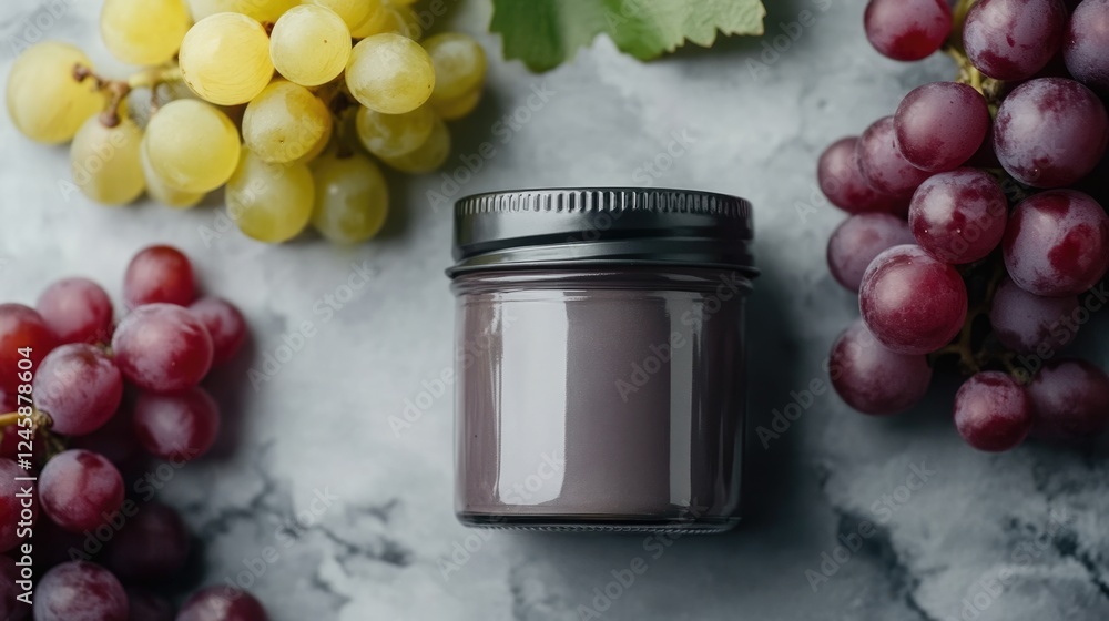 Poster antioxidant jar surrounded by fresh grapes on marble background with empty space for text placement