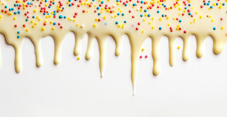 Lemon cream with colourful sprinkles dripping down from top, isolated on white background. 