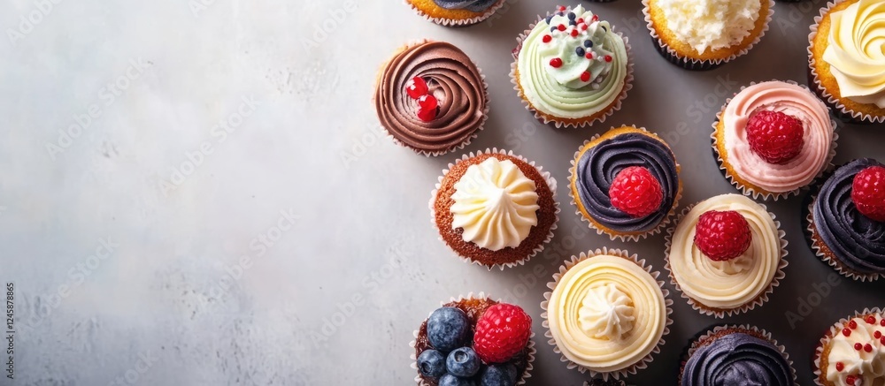 Poster delicious assortment of colorful cupcakes arranged on a slate surface with space for personalized te