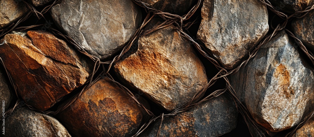 Poster textured arrangement of layered rocks in a basket weave design with natural earthy tones and pattern