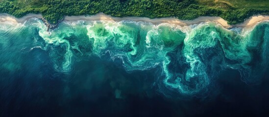 Aerial view of vibrant algae bloom in the Baltic Sea near Muraste village Estonia showcasing natural coastal beauty and environmental patterns