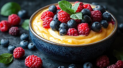 Apple Pudding with Custard and Mixed Berries Decorated with Mint Leaves on Dark Background with Space for Text Placement