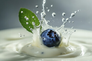 A blueberry diving into a pool of yogurt, creating playful splashes