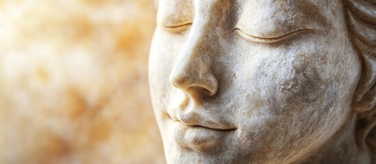 Serene stone sculpture of a face with closed eyes against a blurred warm background Copy Space
