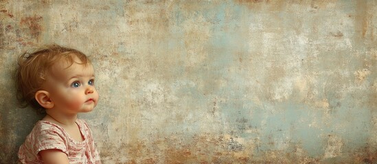 Fototapeta premium Child sitting against textured wall with copy space for text