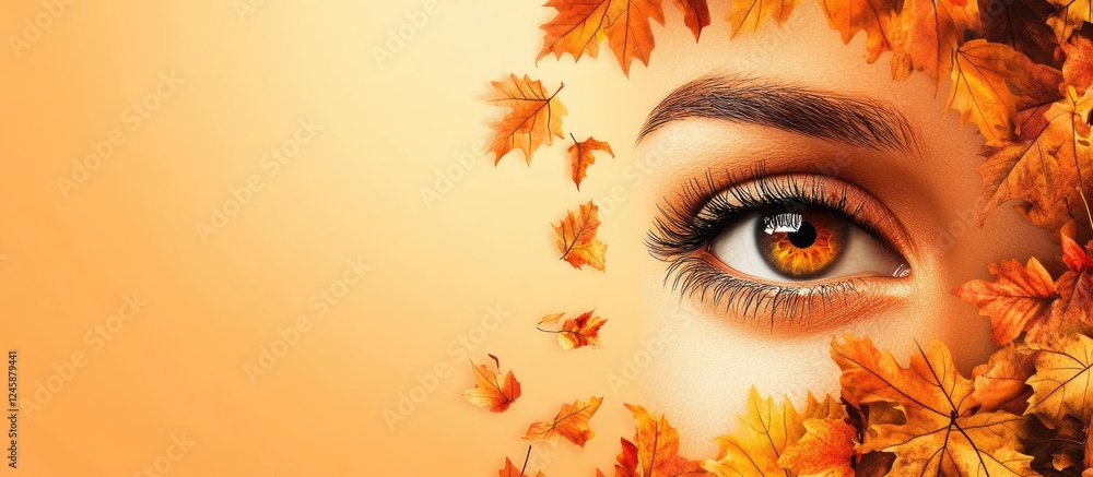 Poster eye with autumn leaves surrounding it on a soft orange background with copy space