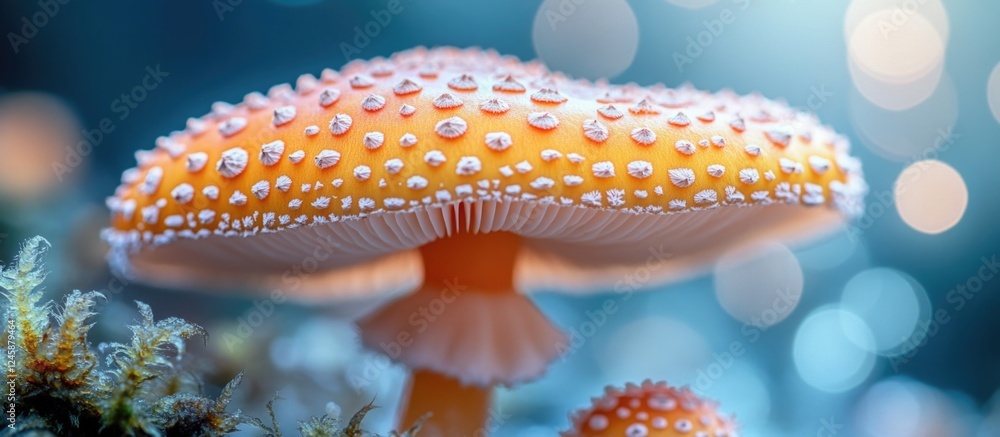 Poster abstract macro image of vibrant sajor caju mushroom displaying intricate details and colors in a blu