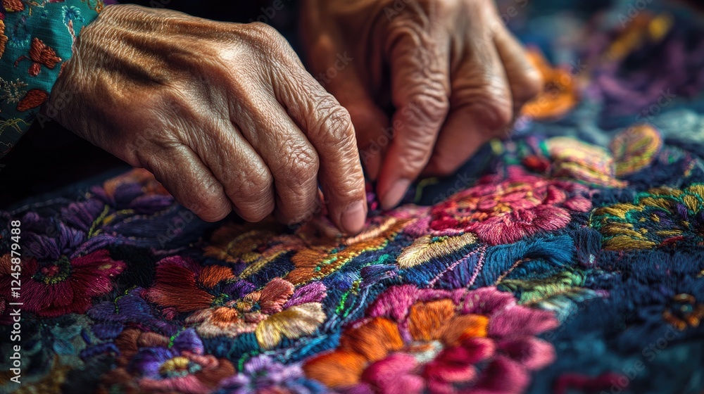 Aufkleber A skilled artisan hands working meticulously on delicate hand-embroidery, with vibrant threads creating intricate patterns on a textured fabric.