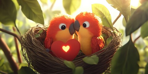 A cute cartoon-style pair of lovebirds sitting inside a hear...