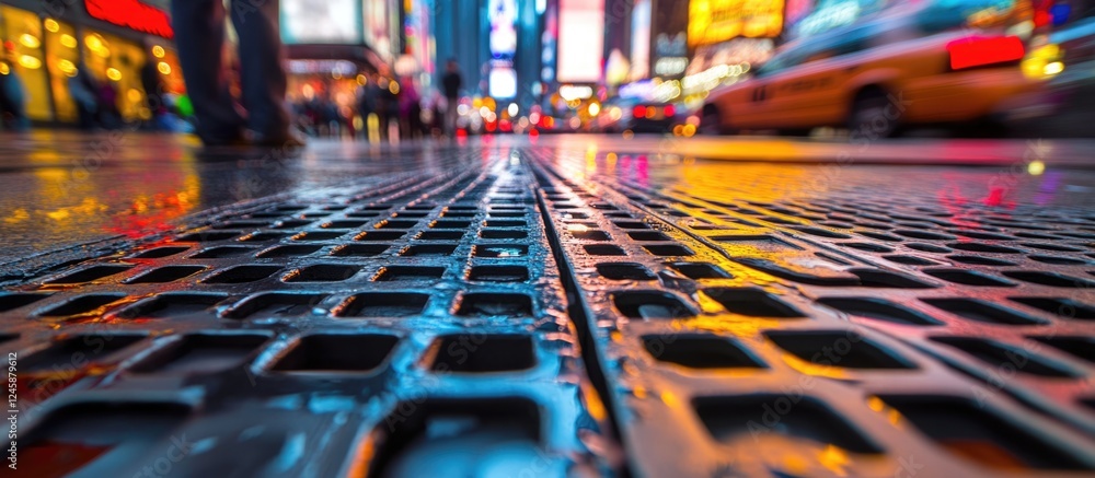 Poster wet city street view with colorful reflections and abstract patterns on textured pavement in urban s