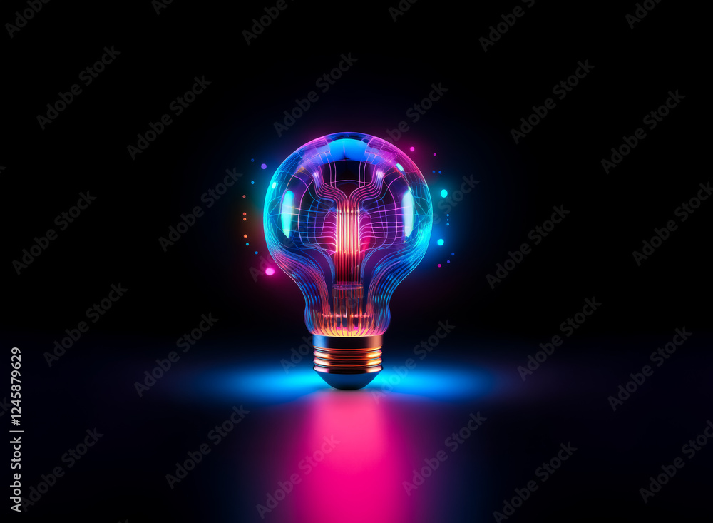 Poster illuminated light bulb with a glowing circuit board inside, radiating neon colors against a dark bac