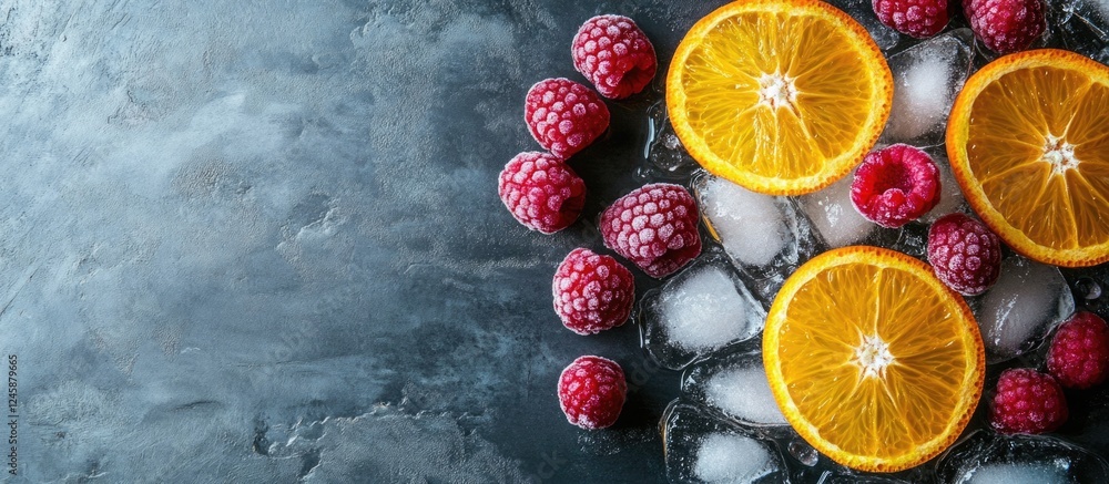 Poster frozen orange slices and red raspberries on ice with empty space for text representing the aging pro