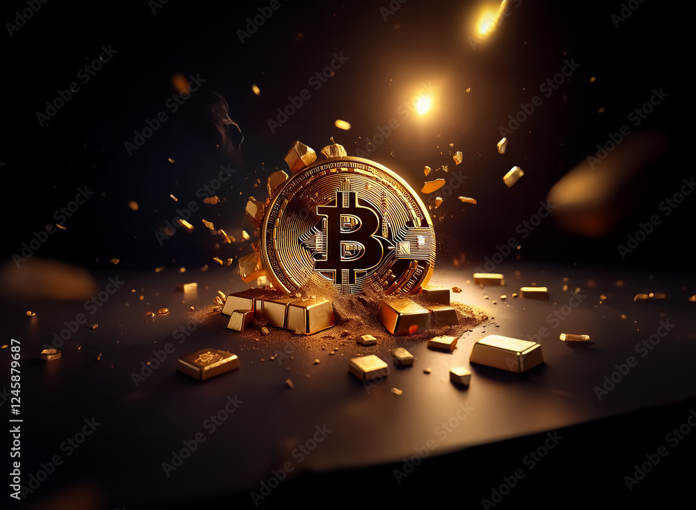 Poster a golden bitcoin coin bursts upwards through a surface of gold blocks, illuminated by a bright light